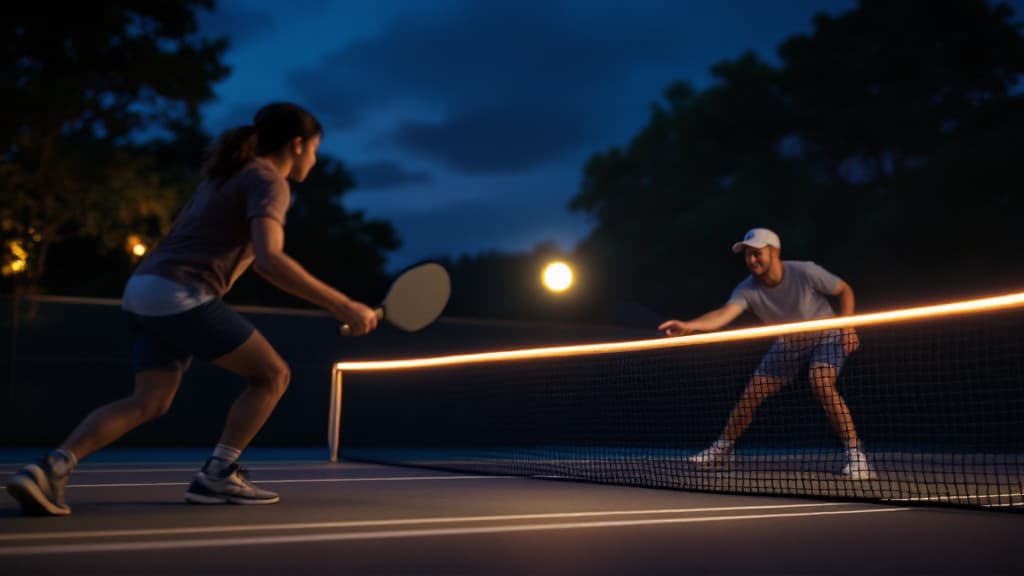 Glowing pickleball paddles and net illuminated for night play