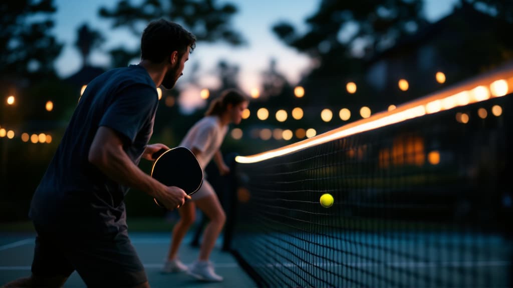 Friends playing pickleball at night with glowing paddles