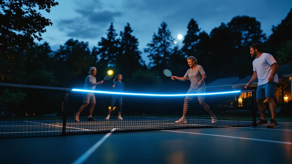 Backyard pickleball court lit up with the Glow Kit